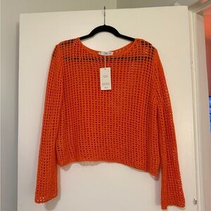 Mango Vibrant Orange Open-Knit Sweater